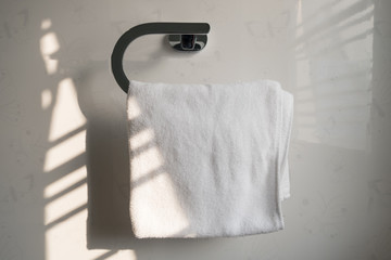 Hand towels hang on hooks.