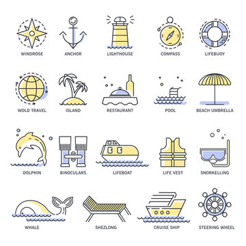 Cruise travel or summer vacation line icons