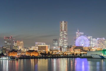 Fototapeta na wymiar Night view of Yokohama bayside and landmark Tower