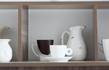 white kitchenware on wooden shelf