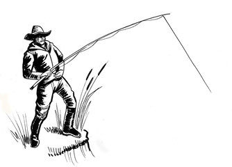 Man with a fishing rod. Ink black and white illustration