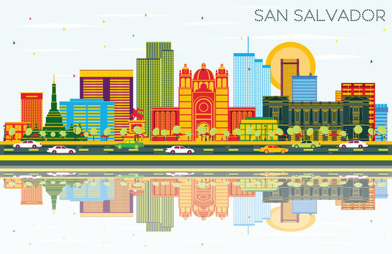 San Salvador City Skyline with Color Buildings, Blue Sky and Reflections.