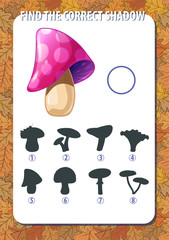 Game for kids. Find the correct shadow of mushroom. Vertical, portrait orientation.