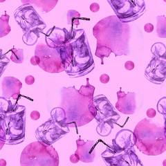     Seamless watercolor pattern with a drink, cocktail with lemon, ice, mojito, smoothies. Fruit lemon, mint leaf. pink, purple, monochrome pattern, splash of abstract spots. 