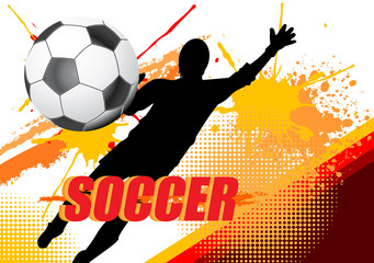 Fototapeta na wymiar Soccer player save the ball on splatter color on white background