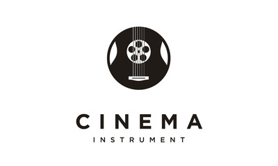 Film Reel and Guitar Strings Instrument for Movie Music Soundtrack logo design 