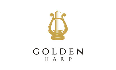 Elegant Golden Greek Harp, Lyre Classic Luxury Gold music instrument Logo design 