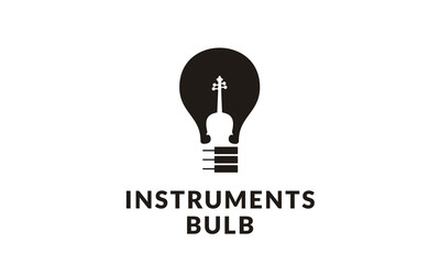 Piano Violin Fiddle Cello with Electric Light Bulb Creative Music Instruments logo design 