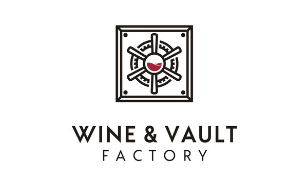 Wine Glass and Vault Safe Handle Gear Factory logo design 