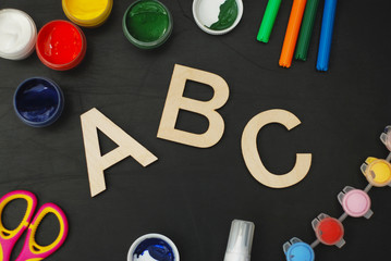 School Supplies ABC Letters Laser Cut Wooden Blackboard Chalkboard Colorful Pencils, Paint, Scissors