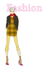 Fashion illustration. Stylish fashion models. Fashion girl Sketch. A girl in a dress and jacket.