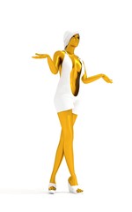 Young lady poses. 3D rendering. Short elegant dress. Metallic material