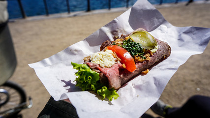 Smørrebrød Danish open sandwich in Copenhagen, Denmark