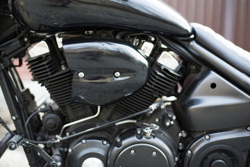 Obraz premium Horizontal image of the details of a motorcycle. close up