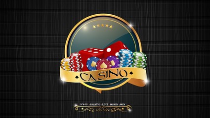 Casino colorful chips with red dice and golden ribbon on dark background