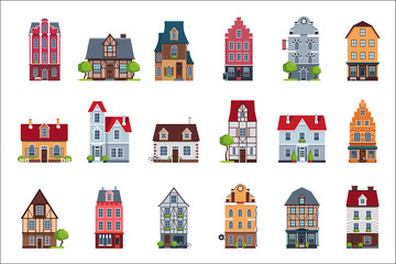 Old European houses facade set, colorful houses of different architectural styles vector Illustrations on a white background