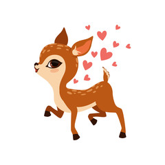 Cute little fawn character with hearts vector Illustration on a white background - obrazy, fototapety, plakaty
