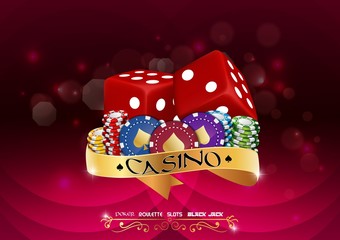 Casino colorful chips with red dice and golden ribbon on red background