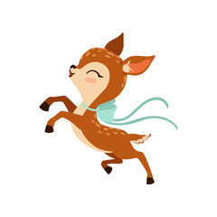 Cute little fawn character with bow on his neck running vector Illustration on a white background - obrazy, fototapety, plakaty