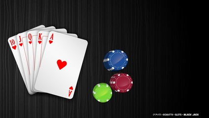 Poker cards with colorful chips on a dark background