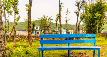 Idyllic mountain village bench and landscape, kathmandu nepal