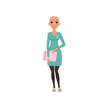 Young woman after chemotherapy, bald woman with cancer, oncology therapy, treatment vector Illustration on a white background
