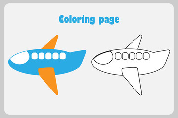 Plane in cartoon style, coloring page, education paper game for the development of children, kids preschool activity, printable worksheet, vector illustration