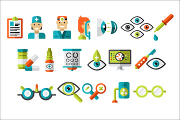 Ophthalmology set, treatment and correction of vision, ophthalmologist equipment vector Illustrations on a white background