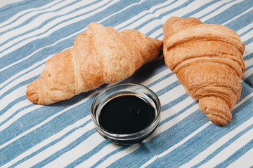 Delicious sweet croissants with jam, delicious homemade dessert