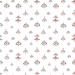 Seamless Mezen pattern with firs trees wood. Ethnic background. Red, black, white.