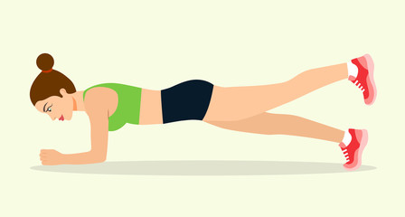Obraz na płótnie Canvas Young woman doing planking exercise isolated. Vector flat style illustration