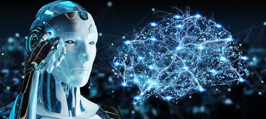 White man humanoid creating artificial intelligence 3D rendering