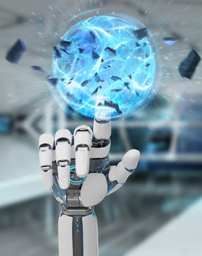 White robot hand creating energy ball 3D rendering