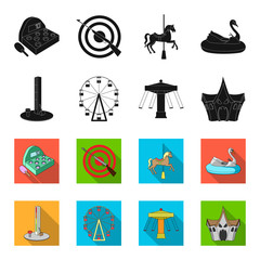 The device with a bat for measuring strength, a ferris wheel, a carousel, a house with windows. Amusement park set collection icons in black,flet style vector symbol stock illustration web. © pandavector
