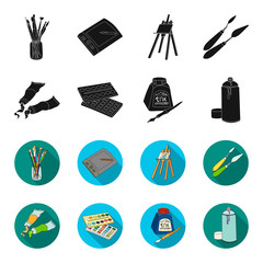 Balonchik paints, tubes with paint, watercolor in a box, ink in a bottle and a pen.Artist and drawing set collection icons in black,flet style vector symbol stock illustration web. © pandavector