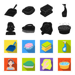 A cleaning woman, a housewife in an apron, a green brush, a hand with a rag, a blue wash hand basin with foam. Cleaning set collection icons in black,flet style vector symbol stock illustration web. © pandavector