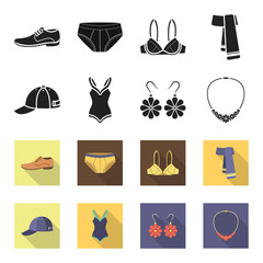 Cap, earrings, necklace, swimsuit. Clothing set collection icons in black,flet style vector symbol stock illustration web. © pandavector