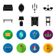 A coffee table, a lamp, curtains, a chair.Furniture set collection icons in black,flet style vector symbol stock illustration web. © pandavector