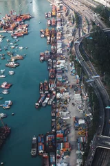 Rolgordijnen Poort Aerial view on port in Hong Kong, picture split in halves 
