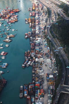 Aerial view on port in Hong Kong, picture split in halves 
