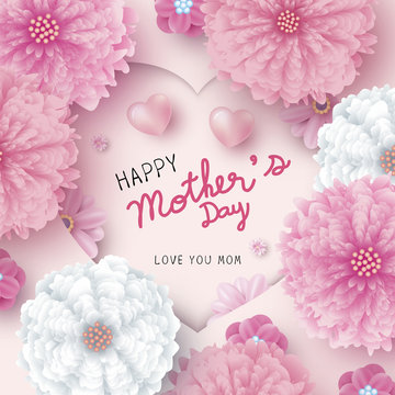 Happy mother's day card concept design of paper hearts shape and pink flowers vector illustration