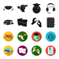 A pile of books in different languages, sheets of paper with translation, a gesture of deaf mutes, a notebook with text. Interpreter and translator set collection icons in black,flet style vector © pandavector