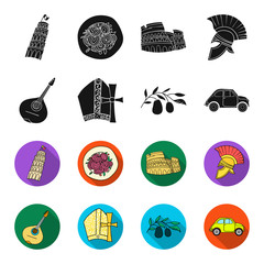 Mandolin, papa, olive, retro auto.Italy country set collection icons in black,flet style vector symbol stock illustration web. © pandavector