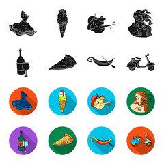 A bottle of wine, a piece of pizza, a gundola, a scooter. Italy set collection icons in black,flet style vector symbol stock illustration web. © pandavector