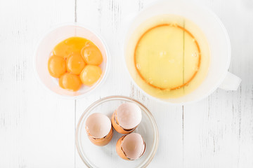 Cooking in the kitchen: the eggs are broken into a whisk can, top view