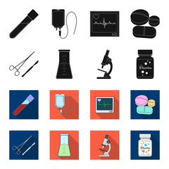 A bank of vitamins, a flask with a solution and other equipment.Medicine set collection icons in black,flet style vector symbol stock illustration web. © pandavector