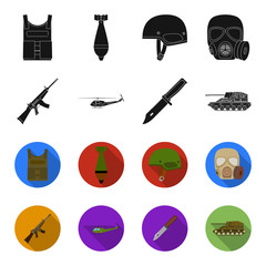 Assault rifle M16, helicopter, tank, combat knife. Military and army set collection icons in black,flet style vector symbol stock illustration web. © pandavector