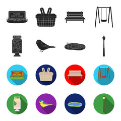 Territory plan, bird, lake, lighting pole. Park set collection icons in black,flet style vector symbol stock illustration web. © pandavector