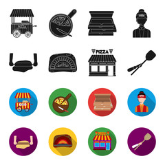 Pizza dough, oven, pizzeria building, spatula for billets. Pizza and pizzeria set collection icons in black,flet style vector symbol stock illustration web. © pandavector