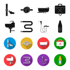 Washbasin, heated towel-dryer, mixer, showers and other equipment.Plumbing set collection icons in black,flet style vector symbol stock illustration web. © pandavector
